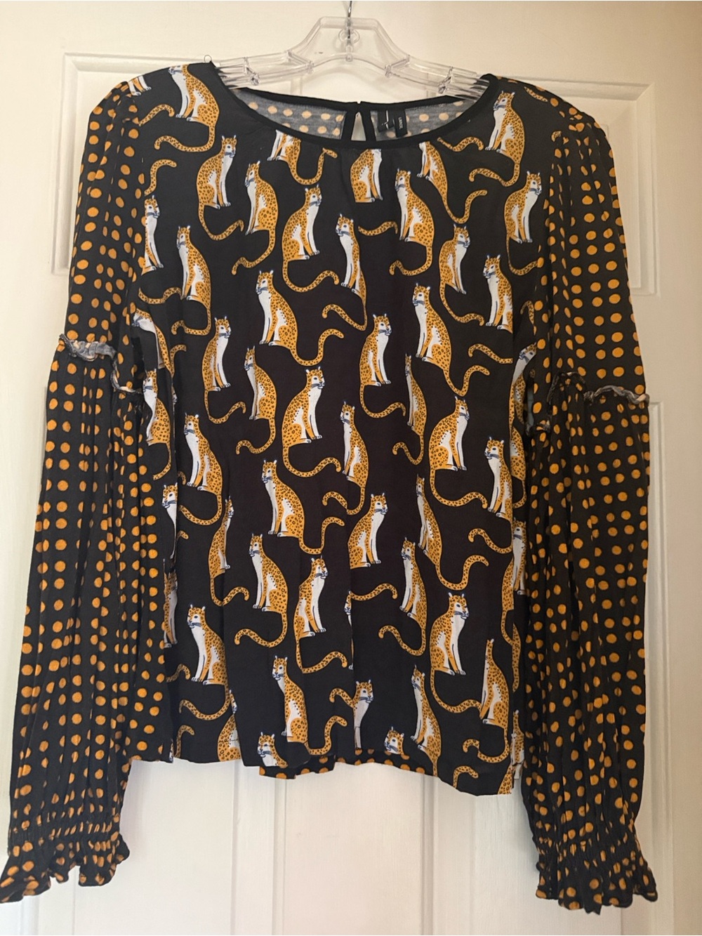 Anthropologie Lark & Ro Black Blouse with Mustard Cat Print  Polka-Dot Sleeves